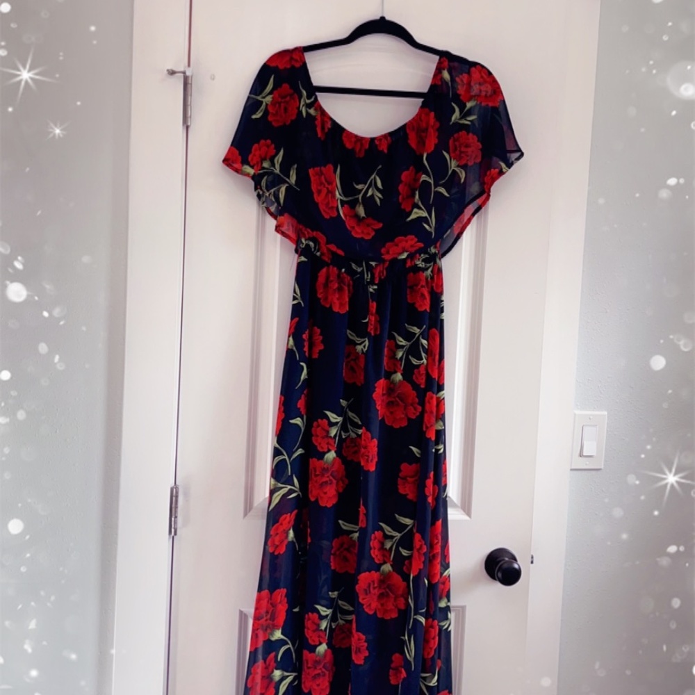 Lovely red floral print full length summer dress